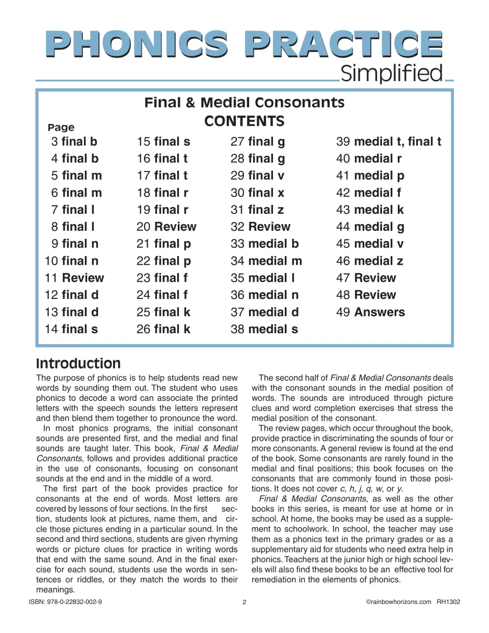 Workbook contents and introduction explain final and medial consonant lessons, review pages, and answers