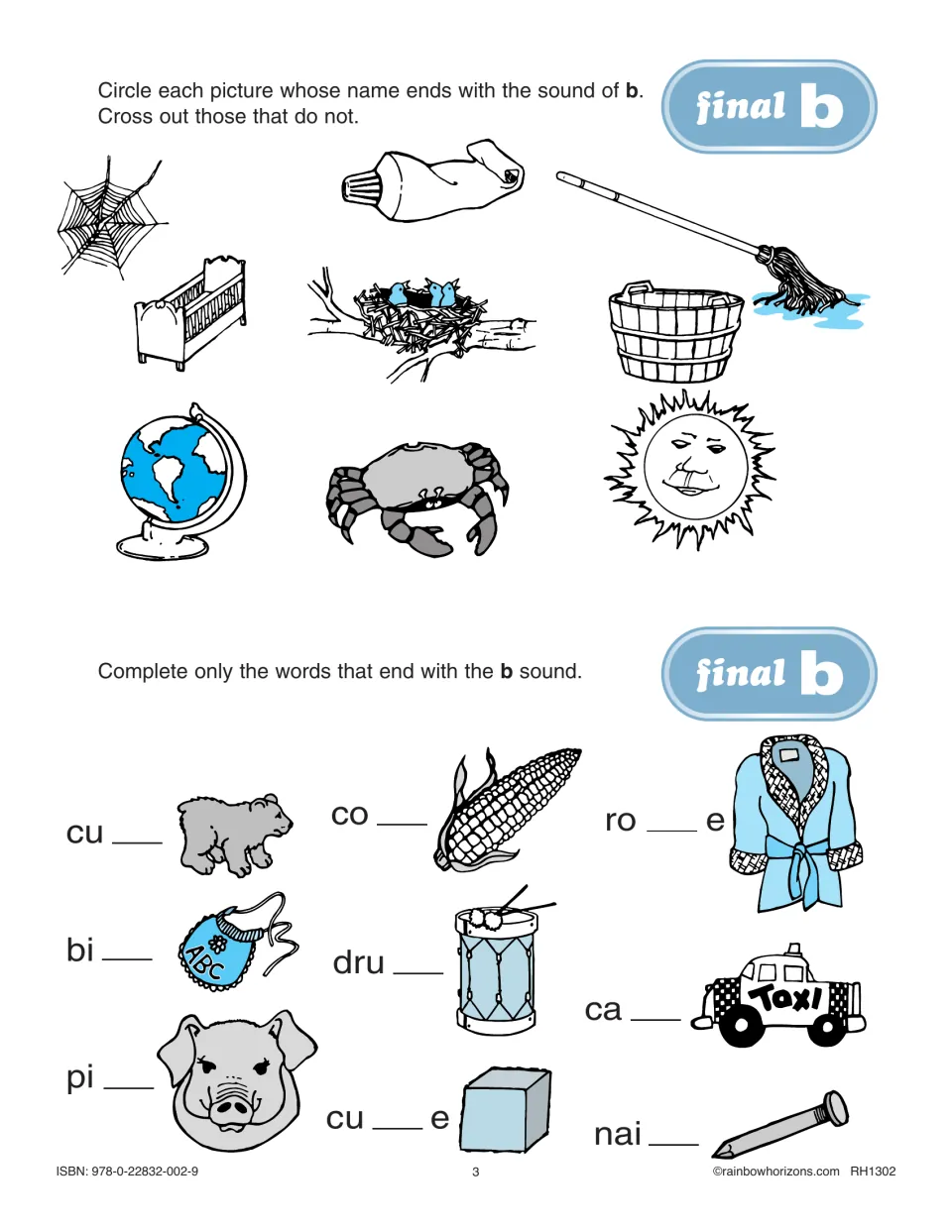 Final b practice asks students to circle pictures ending in the b sound and complete words such as cub and bib