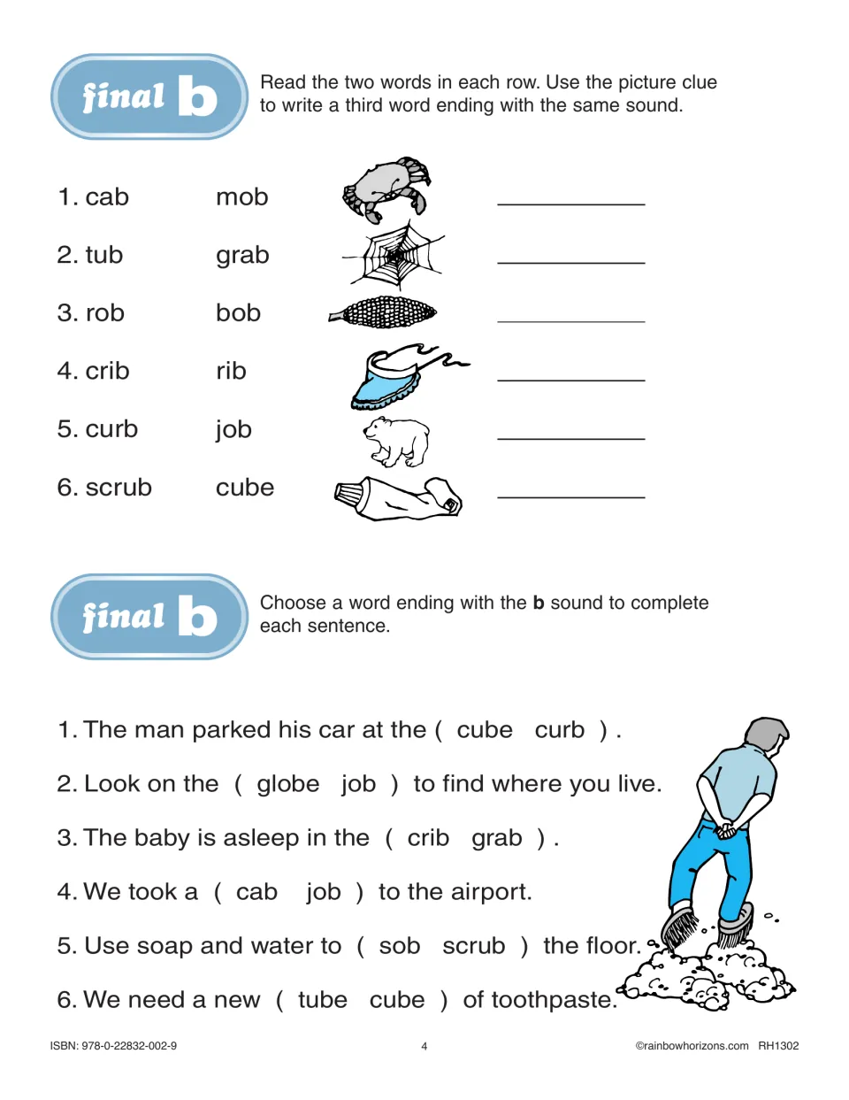 Final b practice uses picture clues to write crab, web, and cob, then offers word choices to complete sentences