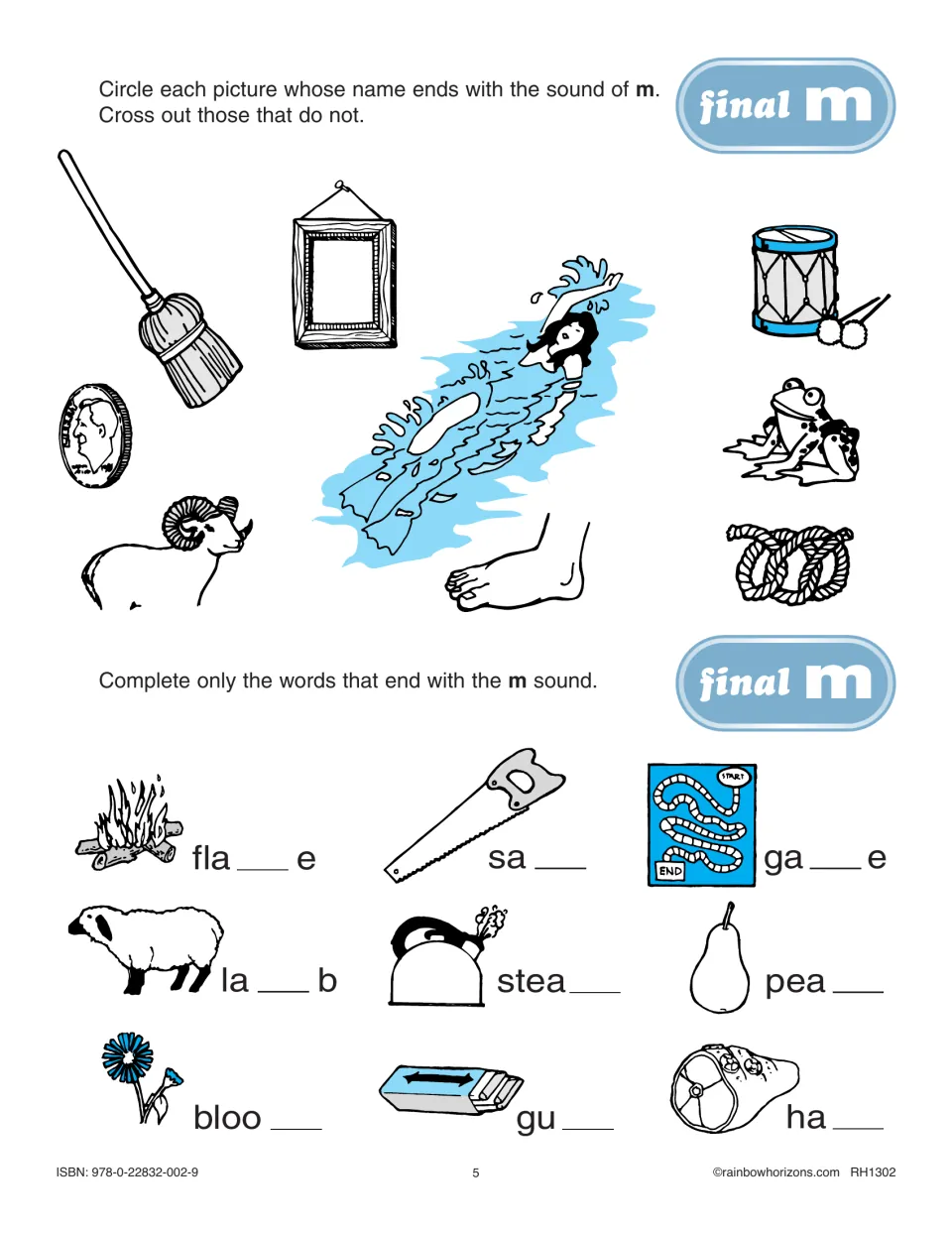 Final m practice asks students to identify pictures ending in the m sound and complete words like flame and gum