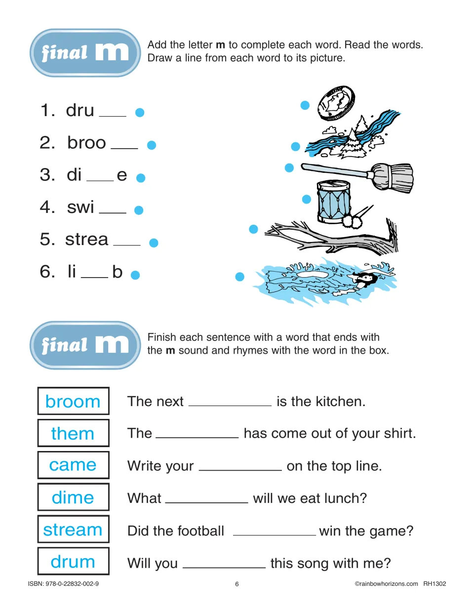 Final m practice adds m to drum, broom, and four more words, matches pictures, and completes rhyming sentences