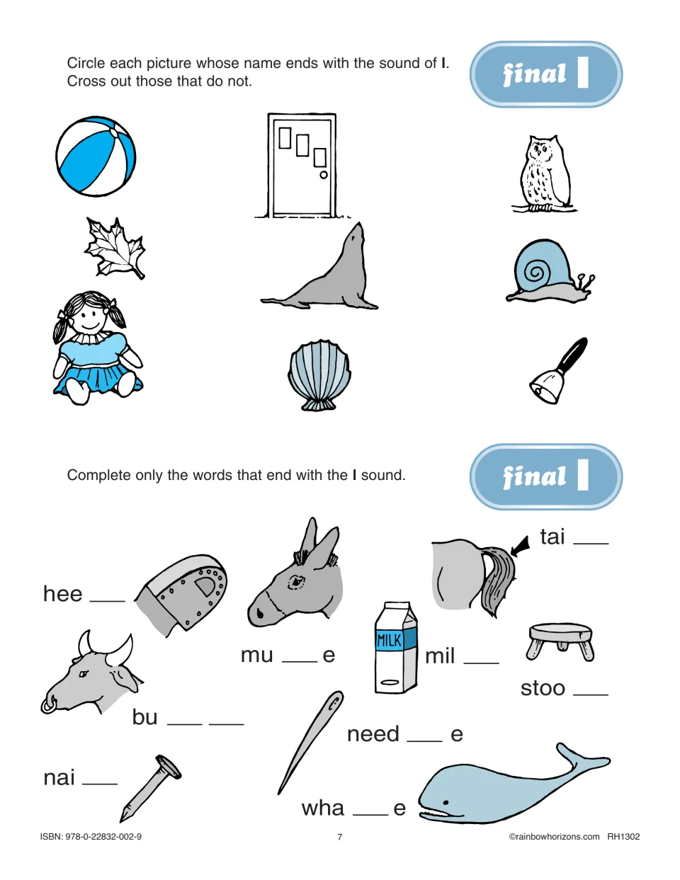 Final l practice asks students to circle pictures such as ball and owl and complete words ending in the l sound