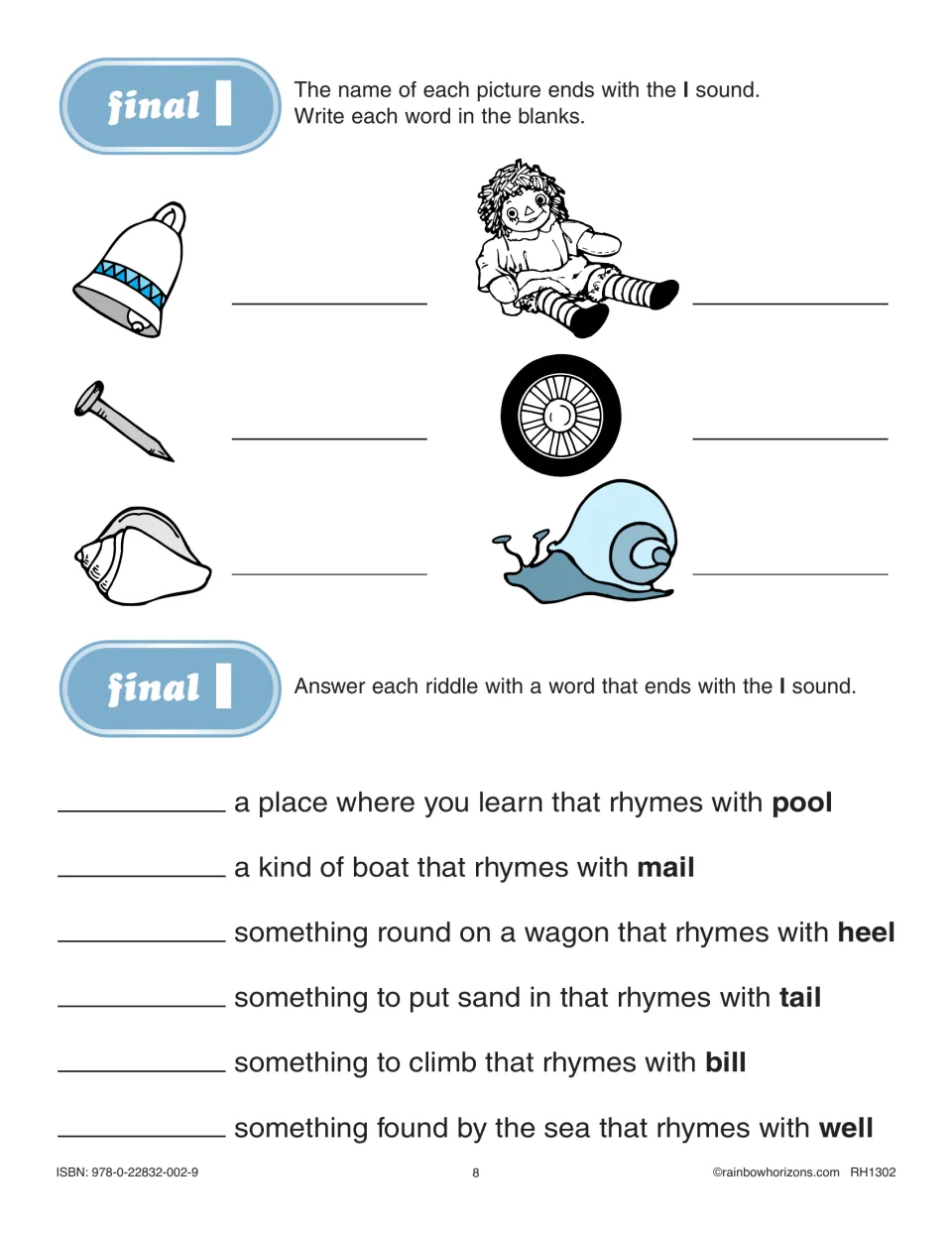 Final l practice asks students to name bell, doll, nail, wheel, shell, and snail pictures and solve rhyming riddles