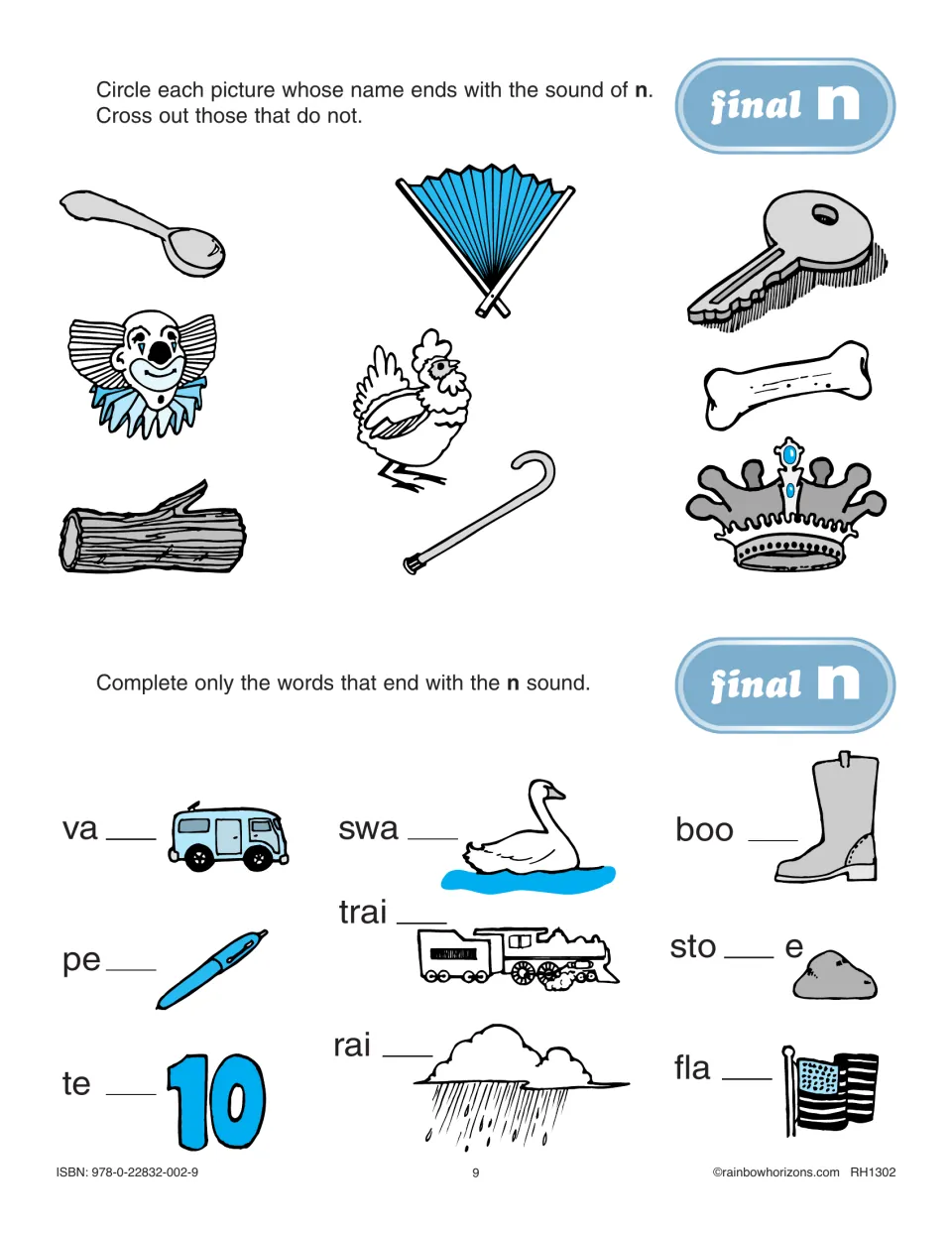 Final n practice asks students to identify pictures ending in the n sound and complete words like van and swan