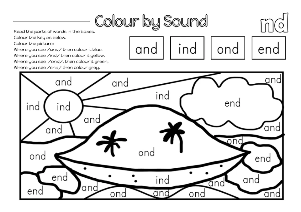 Final ND blend coloring sheet uses and for blue, ind for yellow, ond for green, and end for gray.