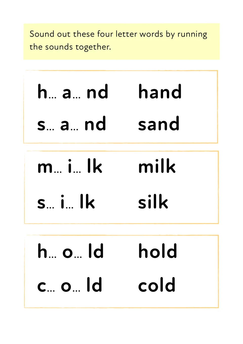 Blending four-letter words ending in nd, lk and ld: students sound out h-a-nd, m-i-lk, c-o-ld and read the whole word
