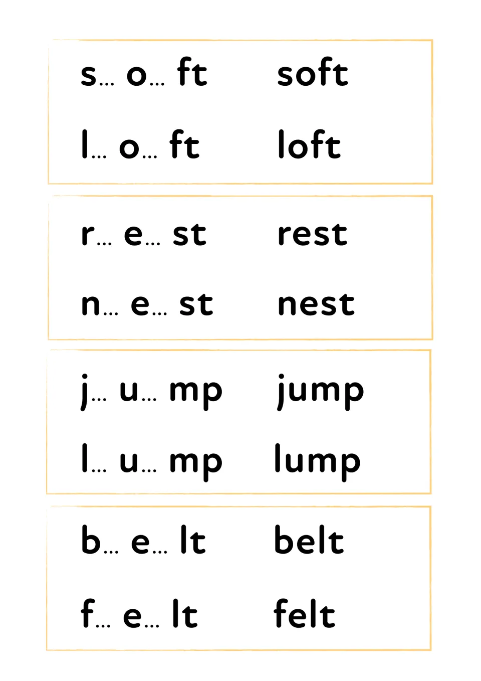 Final blends ft, st, mp and lt: students blend sounds to read soft, loft, rest, nest, jump, lump, belt and felt