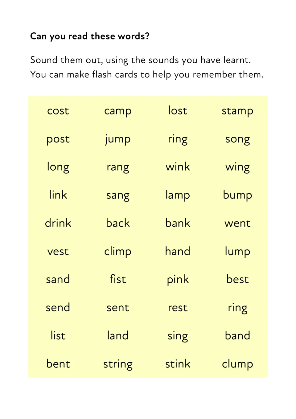 Can you read these words? Students sound out 40 words with final blends, such as stamp, drink, string and clump