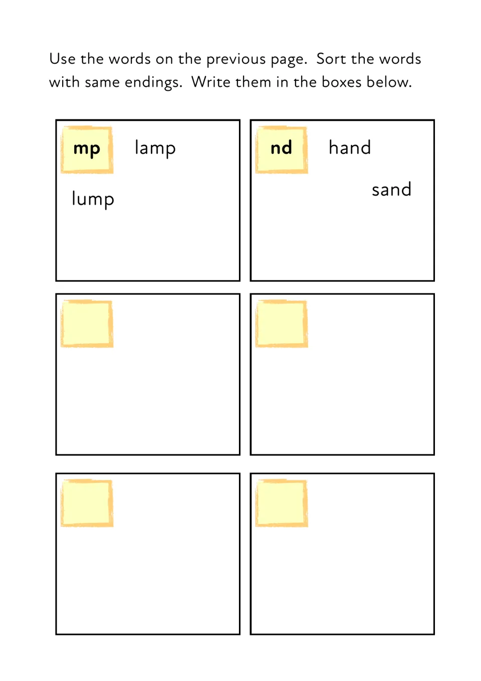 Sorting words by ending: students write words from the previous page under mp, nd and four blank ending labels