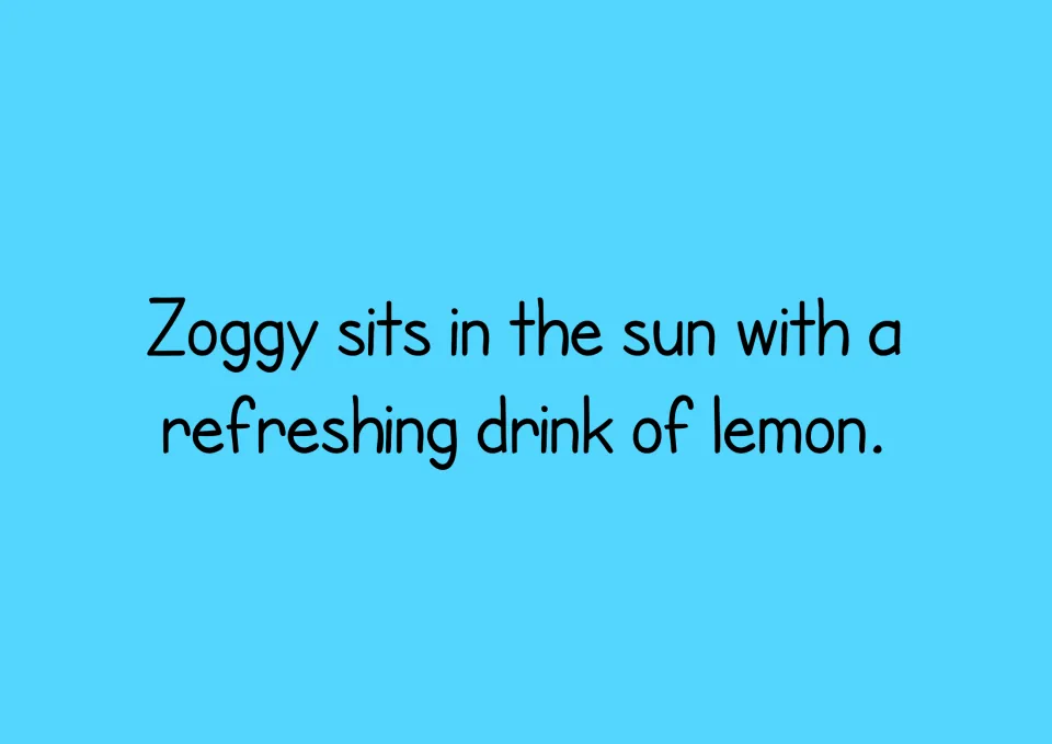 Story text: Zoggy sits in the sun with a refreshing drink of lemon; students decode words like drink and refreshing