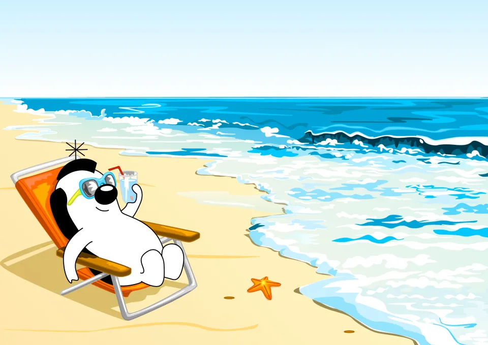 Story picture: Zoggy in sunglasses lounges in an orange beach chair by the sea, holding a drink, a starfish on the sand