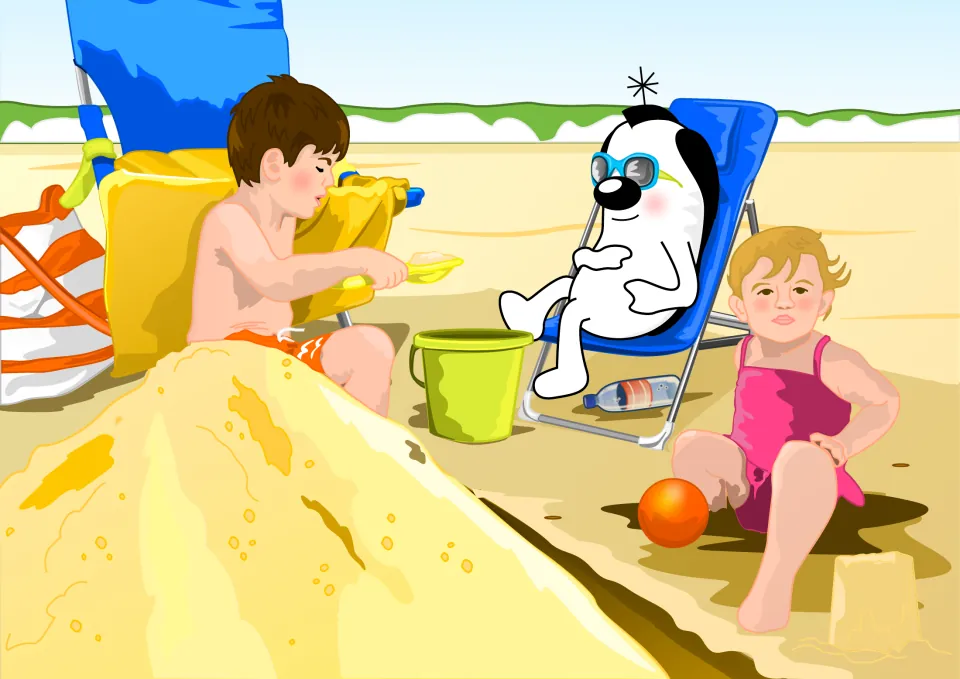 Story picture: a boy scoops sand into a bucket while Zoggy relaxes in a blue chair and a girl sits by an orange ball