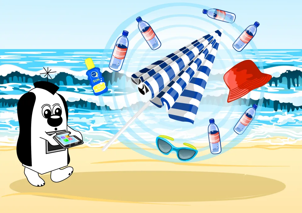 Story picture: Zoggy taps a tablet on the beach as a striped umbrella, red sun hat, sun cream and water bottles appear