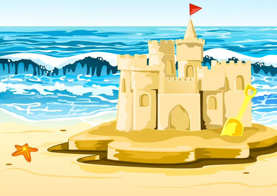 Story picture: a tall sandcastle with towers and a red flag stands by the sea, a yellow spade and a starfish beside it
