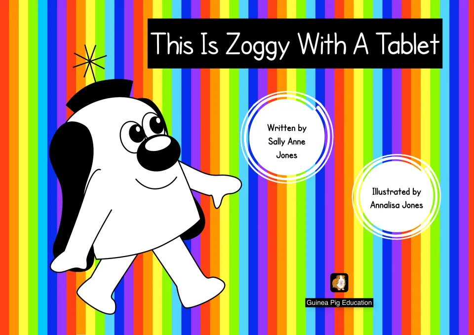 Cover of the reader This Is Zoggy With A Tablet by Sally Anne Jones, showing Zoggy the black-and-white alien walking