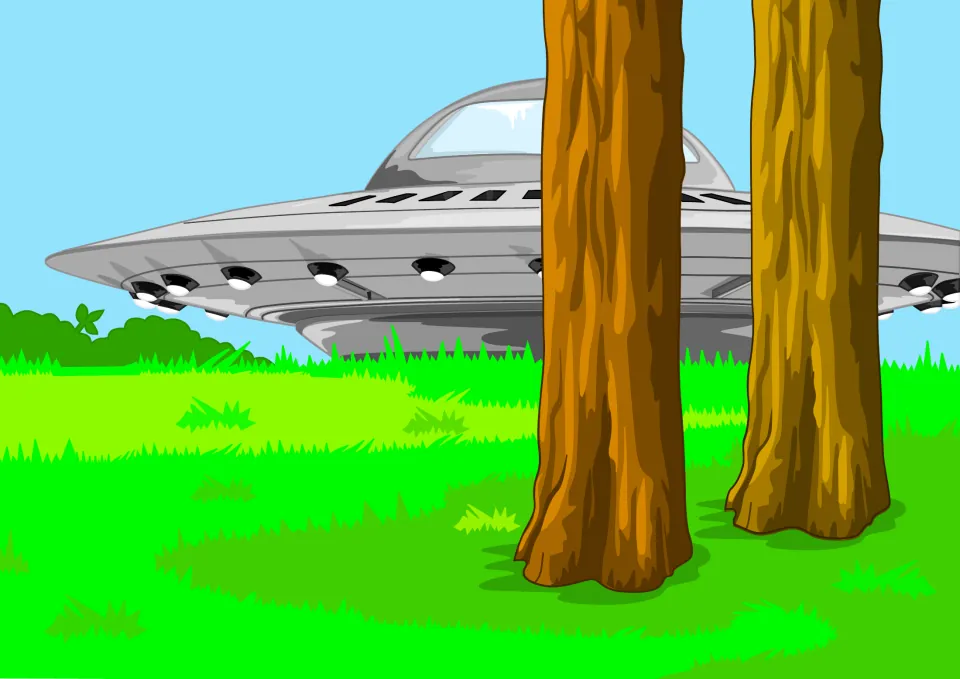 Story picture: Zoggy's silver flying saucer has landed on green grass near bushes, half hidden by two tree trunks