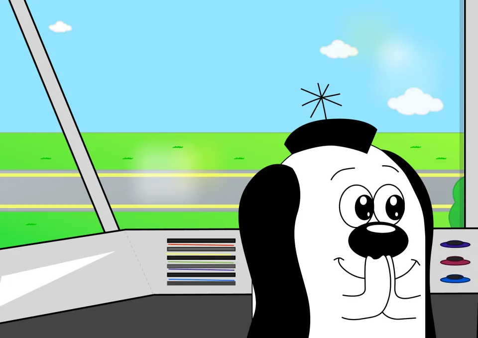 Story picture: Zoggy smiles inside his craft cockpit, looking past the control panel through a window at a road and grass