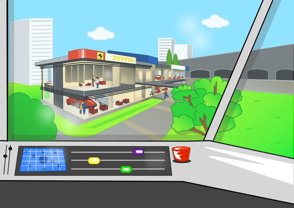 Story picture: view from the craft's dashboard of a Ferrari showroom with red cars, people, trees and tall city buildings