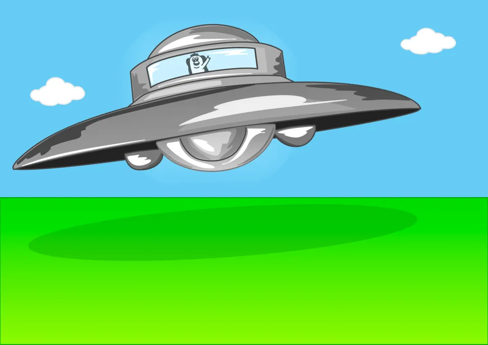 Story illustration: Zoggy waves from the window of a silver flying saucer hovering above green grass under a blue sky
