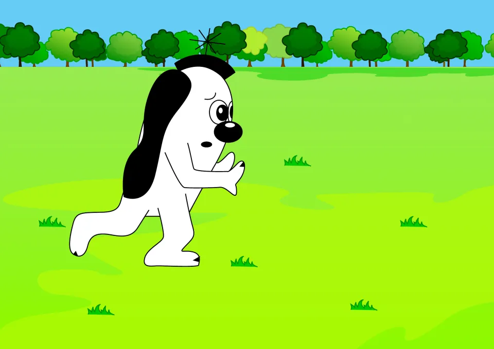 Story illustration: Zoggy the alien hurries across a grassy park with a worried look, arms reaching forward