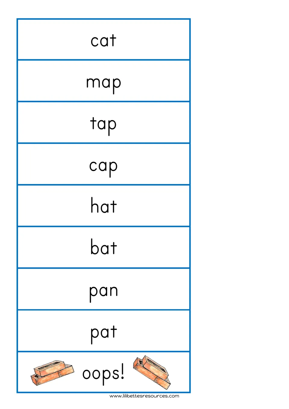 Short a word cards to cut out: cat, map, tap, cap, hat, bat, pan, pat, plus an 'oops!' card with brick drawings