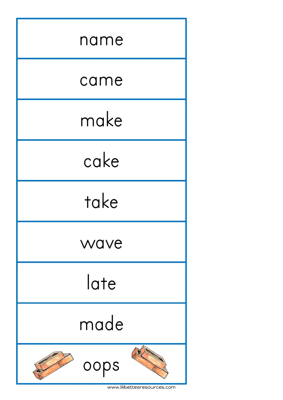 Long a silent e word cards: name, came, make, cake, take, wave, late, made, and an 'oops' card; students read a-e words