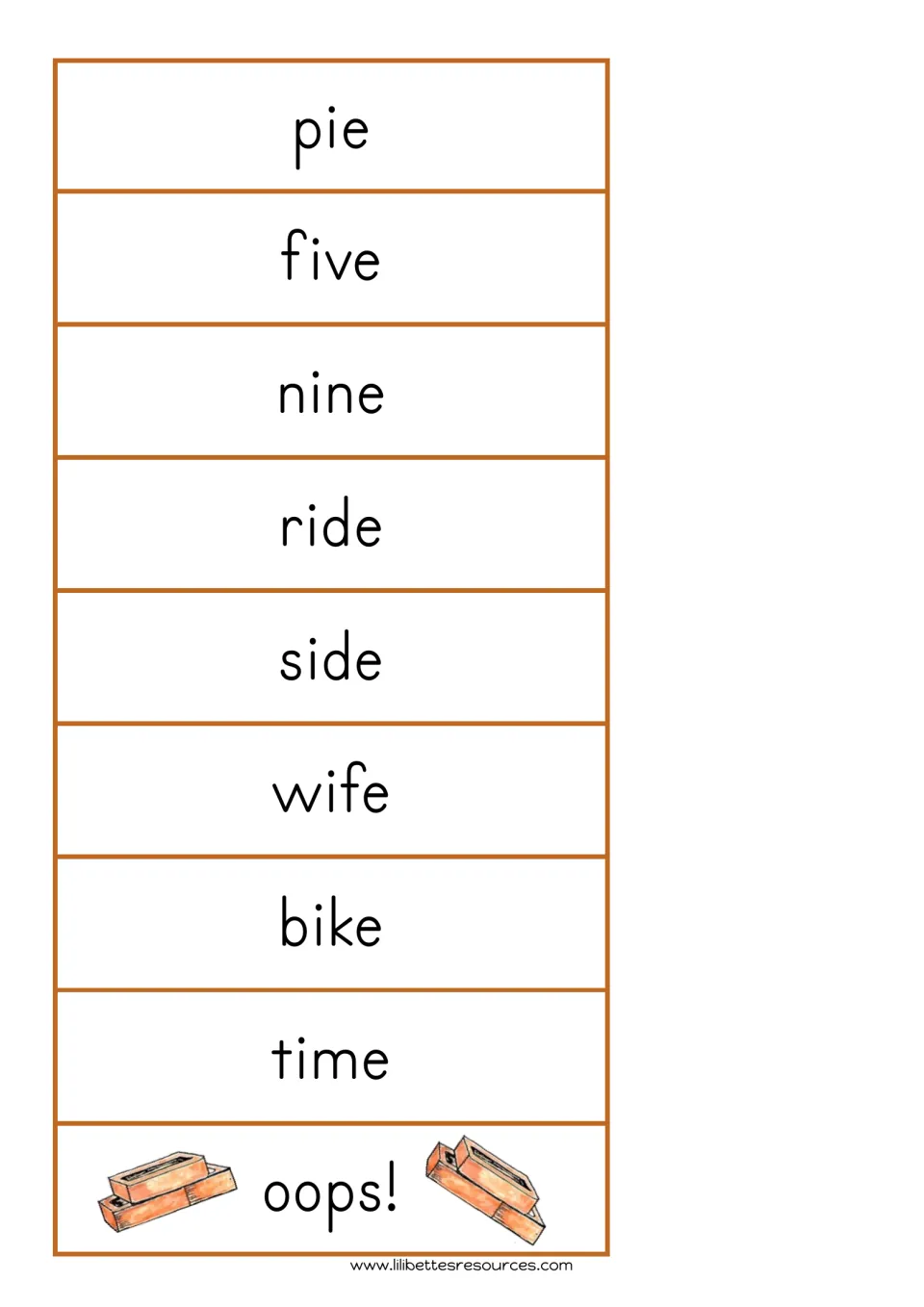 Long i word cards: pie, five, nine, ride, side, wife, bike, time, and an 'oops!' card for reading i-e words aloud