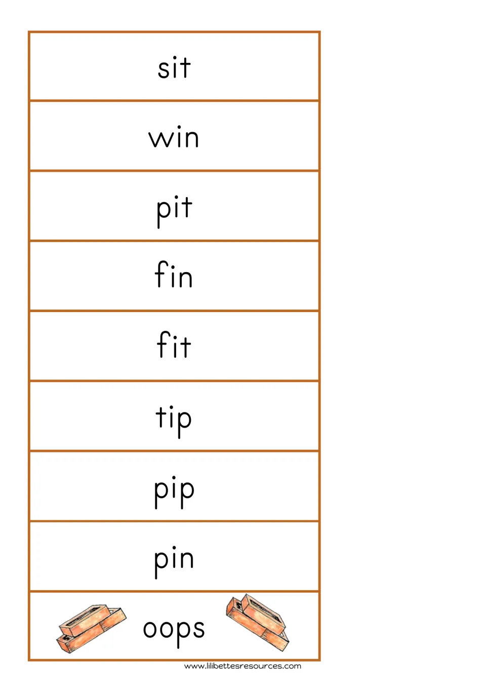 Short i word cards to cut out: sit, win, pit, fin, fit, tip, pip, pin, plus an 'oops' card with brick pictures