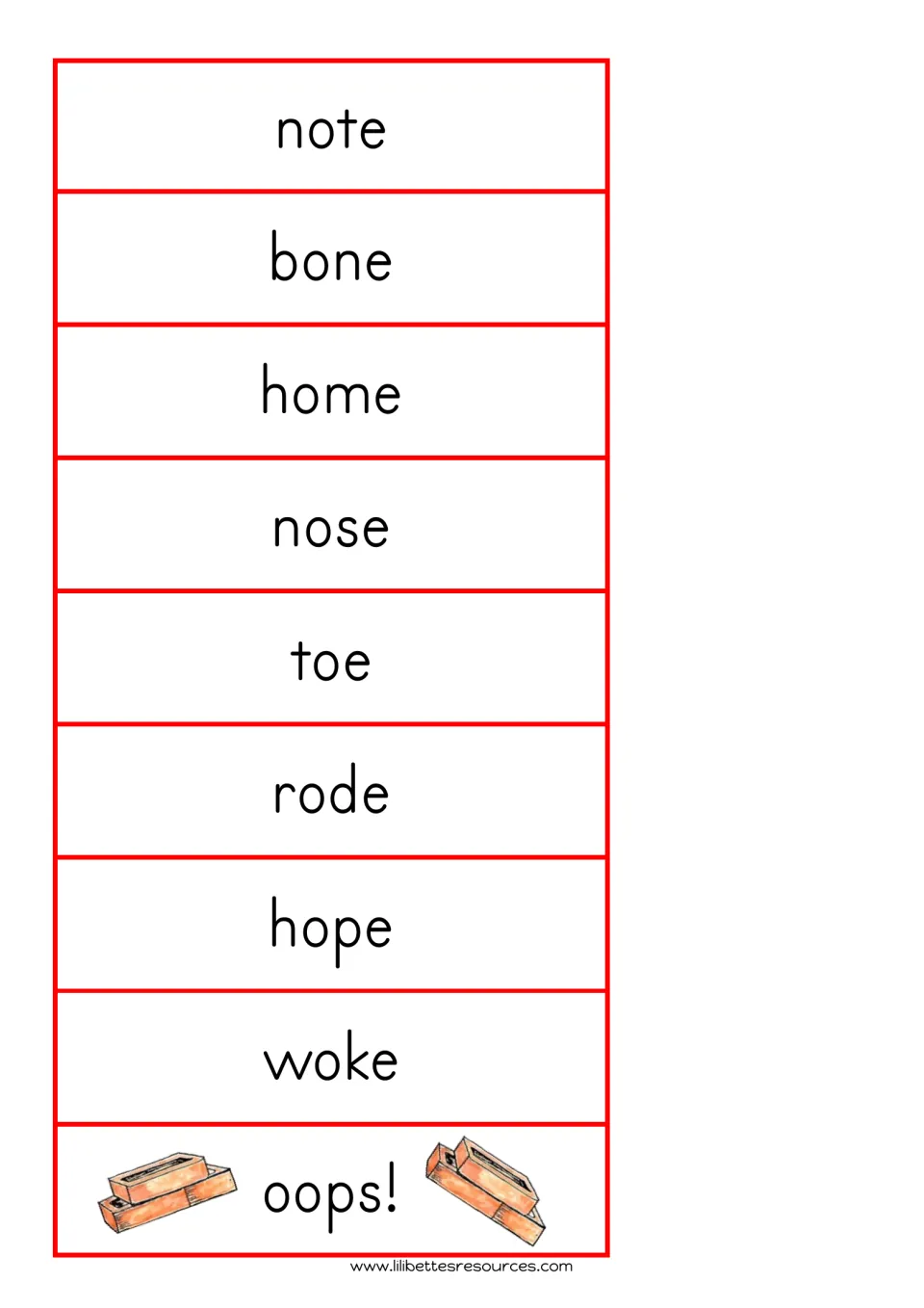 Long o word cards: note, bone, home, nose, toe, rode, hope, woke, and an 'oops!' card for reading o-e words