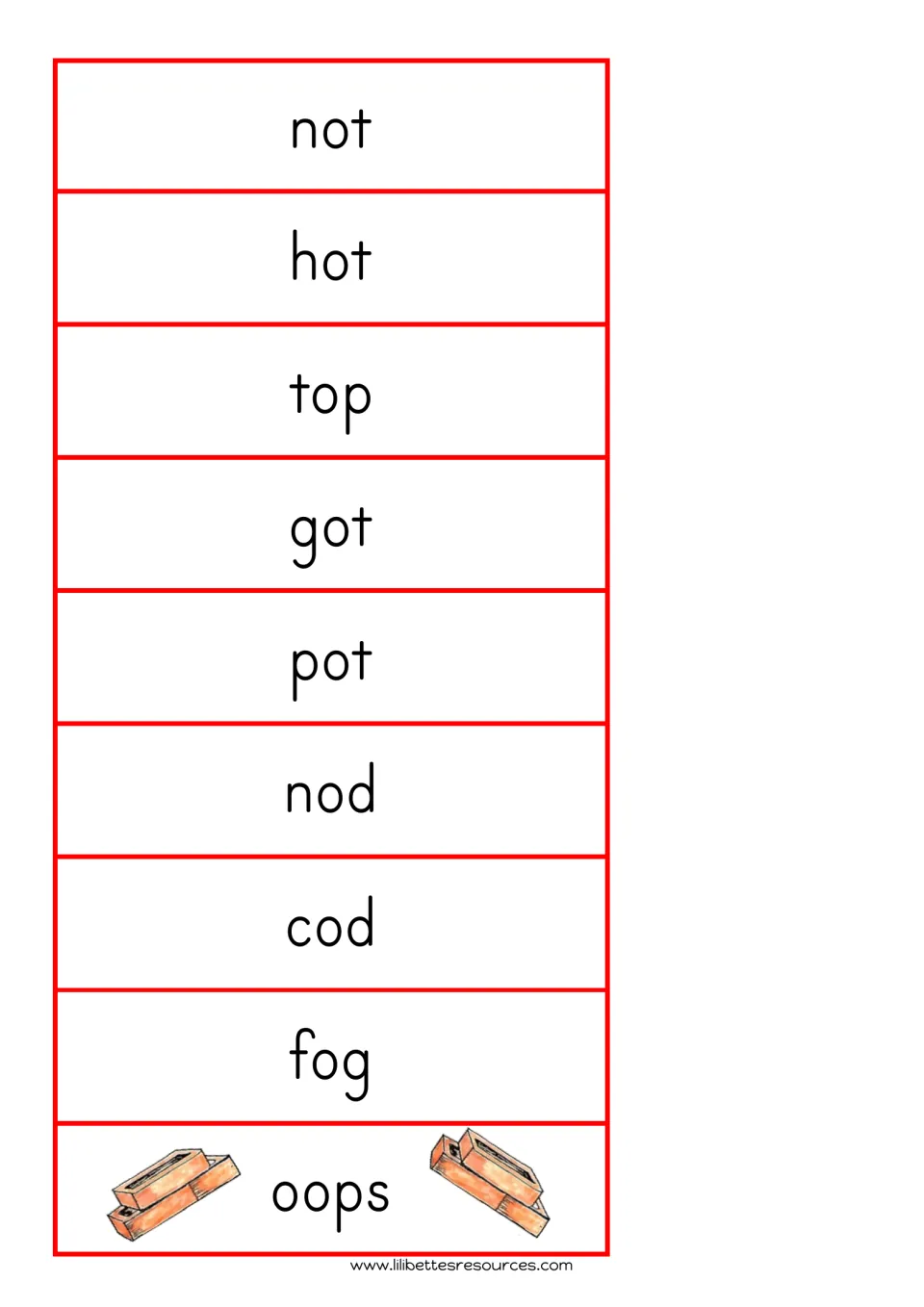 Short o word cards to cut out: not, hot, top, got, pot, nod, cod, fog, plus an 'oops' card that knocks the tower down