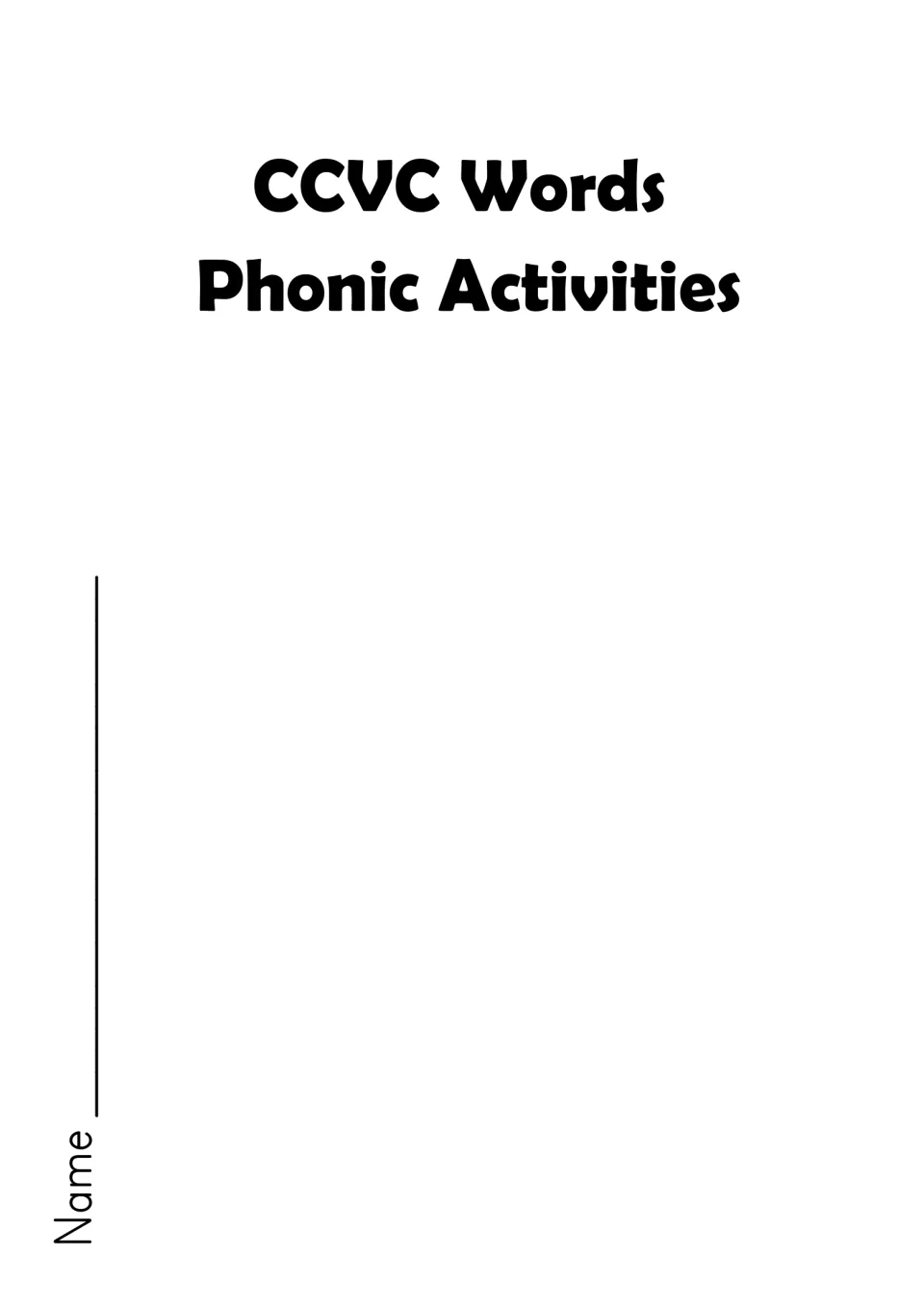 Cover reading CCVC Words Phonic Activities in bold heading text, with a sideways name line for the student to fill in