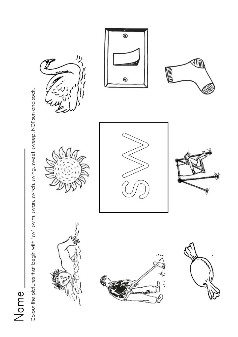 sw blend: students colour pictures starting with sw, such as swan, swim, switch, swing, sweet and sweep, but not sun or sock