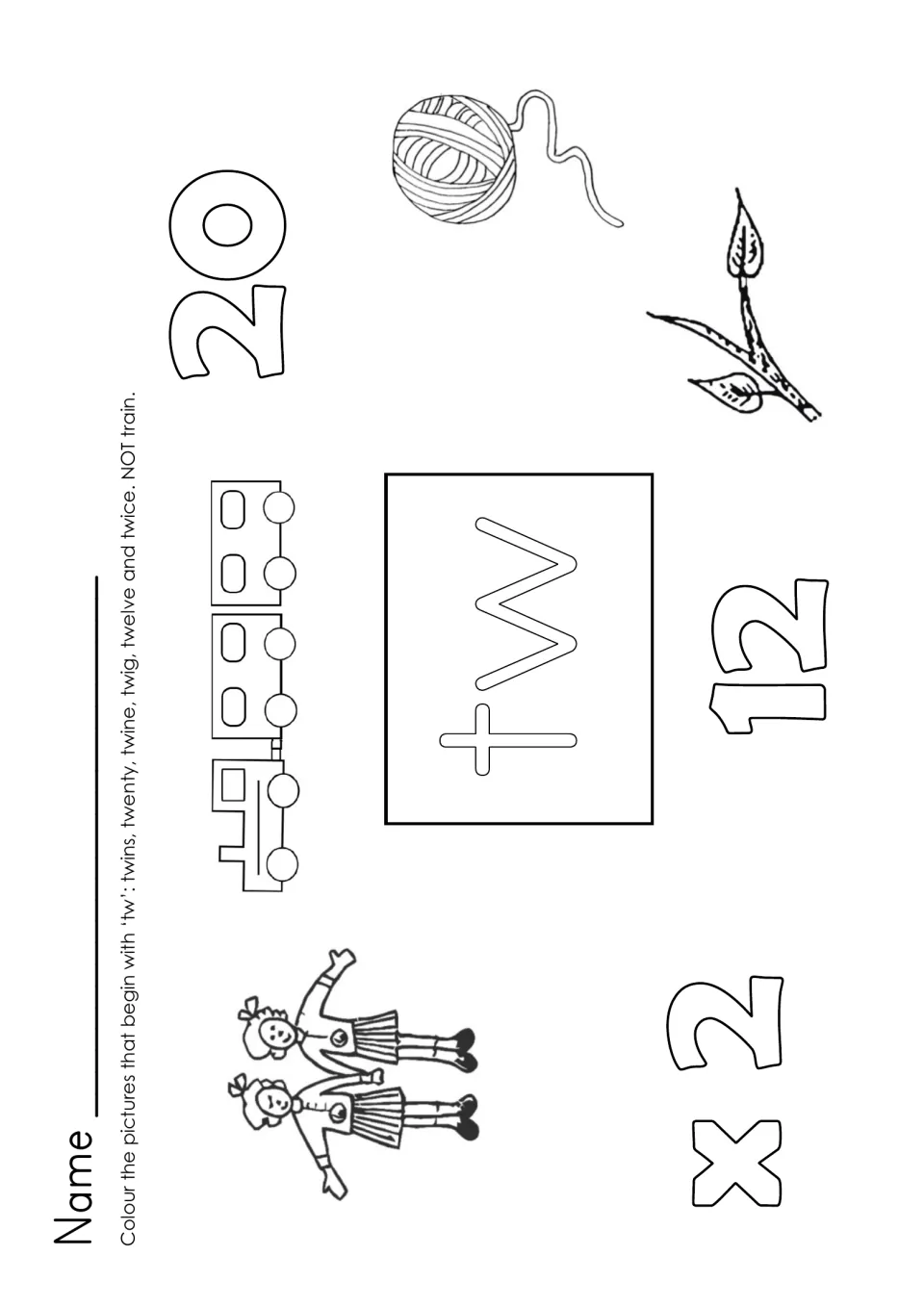 tw blend: students colour twins, twenty, twelve, twine, twig and a times-two sign for twice, leaving the train uncoloured