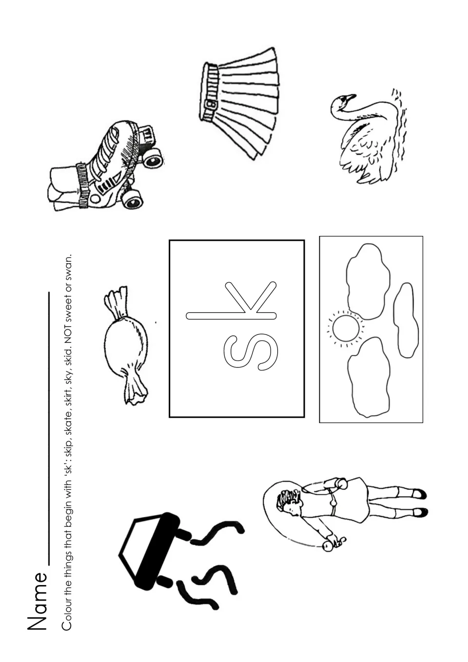 sk blend: students colour pictures of skip, skate, skirt, sky and skid beginning with sk, leaving the sweet and swan blank