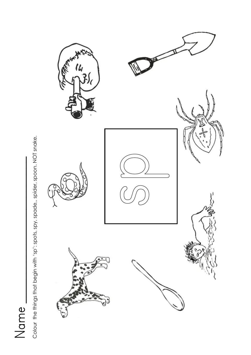 sp blend: students colour spots, spy, spade, spider and spoon, which start with sp, and leave the snake and swimmer blank