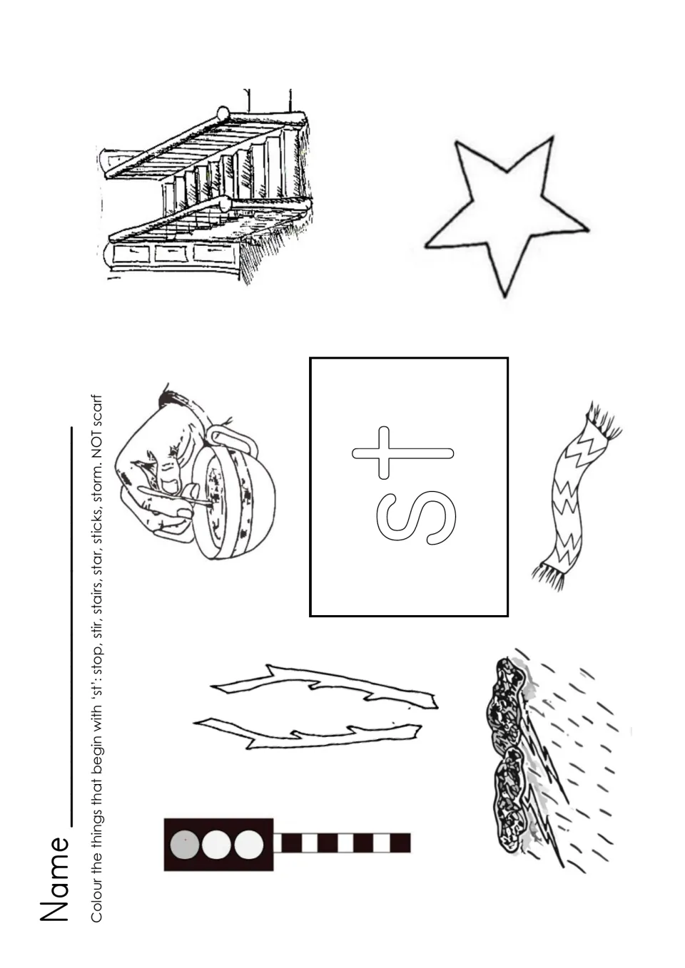 st blend: students find and colour stop, stir, stairs, star, sticks and storm pictures, leaving the scarf uncoloured