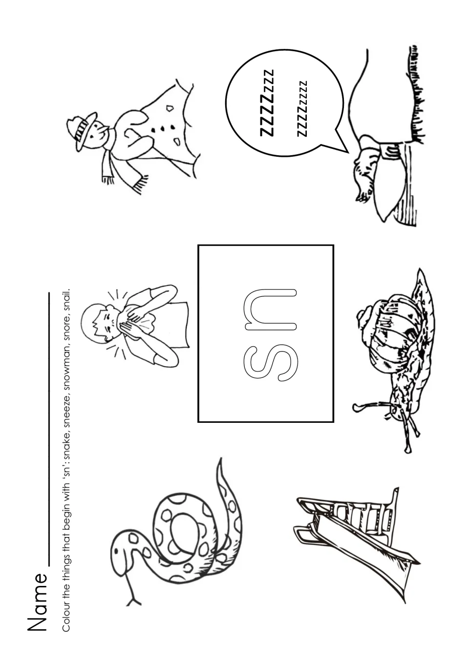 sn blend: students colour pictures of a snake, a sneeze, a snowman, snoring and a snail, all beginning with sn
