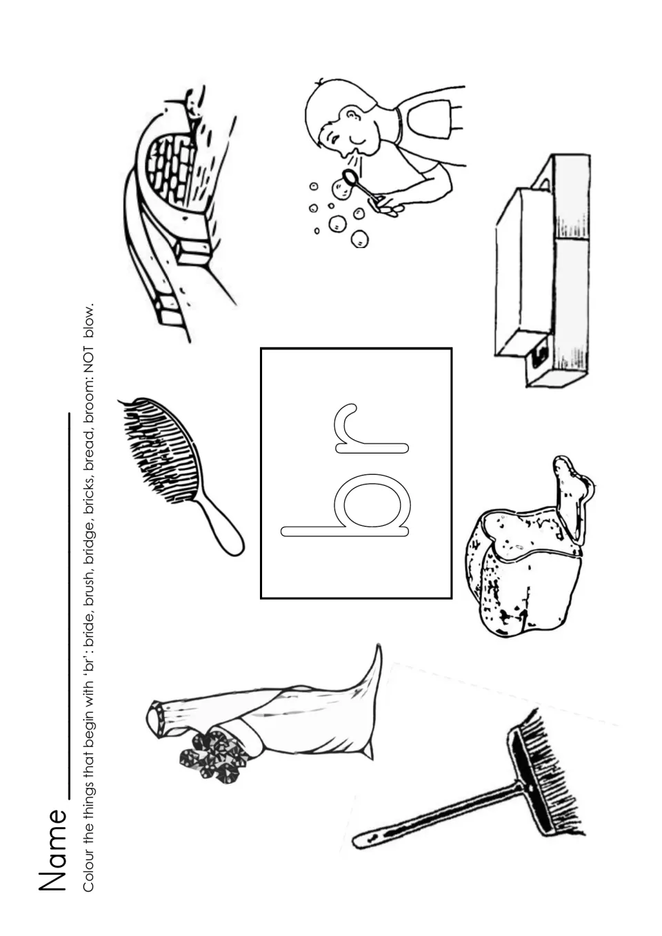 br blend: students colour bride, brush, bridge, bricks, bread and broom, leaving the child blowing bubbles uncoloured