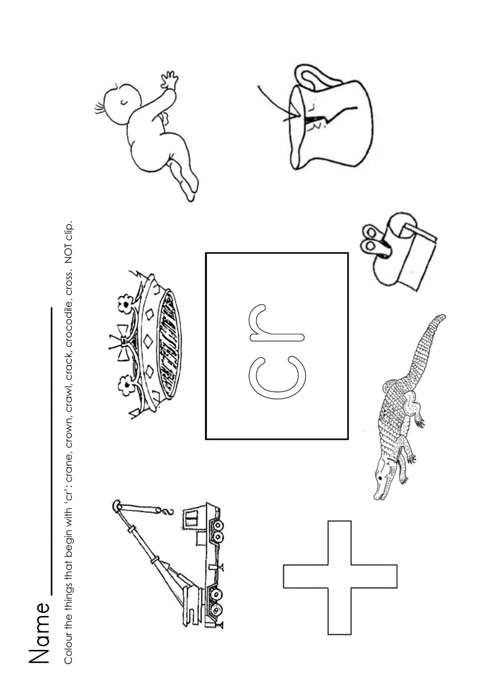 cr blend: students colour crane, crown, crawl, crack, crocodile and cross pictures that begin with cr, but not the clip