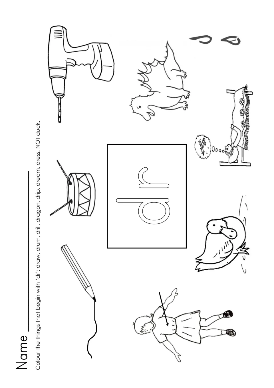 dr blend: students colour draw, drum, drill, dragon, drip, dream and dress pictures beginning with dr, but not the duck