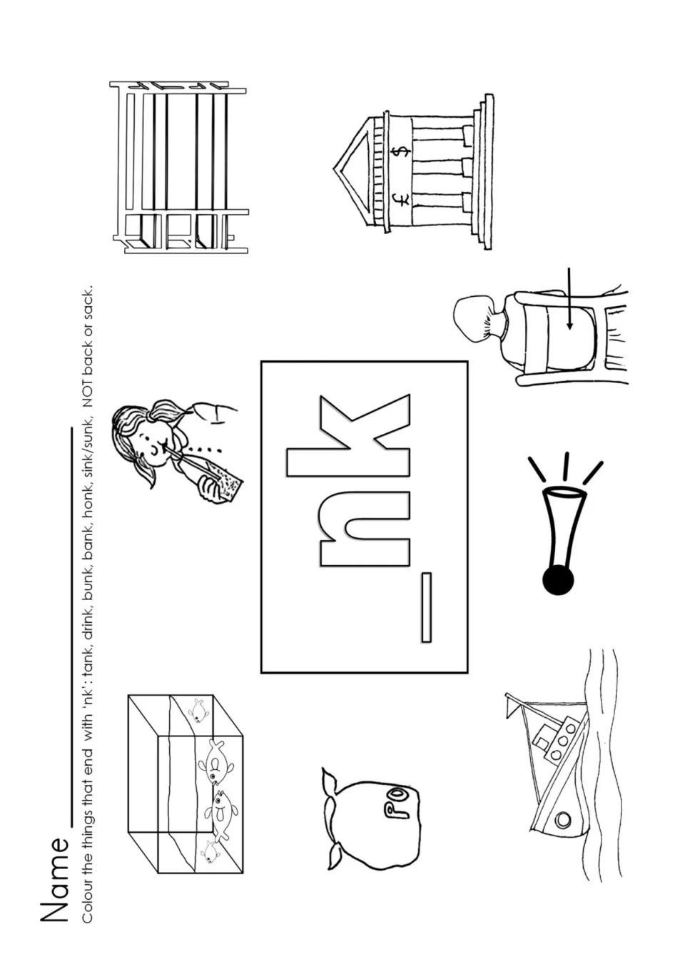 Final NK blend coloring sheet: identify tank, drink, bunk, bank, honk, and sink; leave back and sack uncolored.