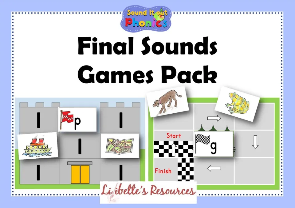 Final Sounds Games Pack cover showing a castle baseboard and a race track baseboard with picture cards and letter flags