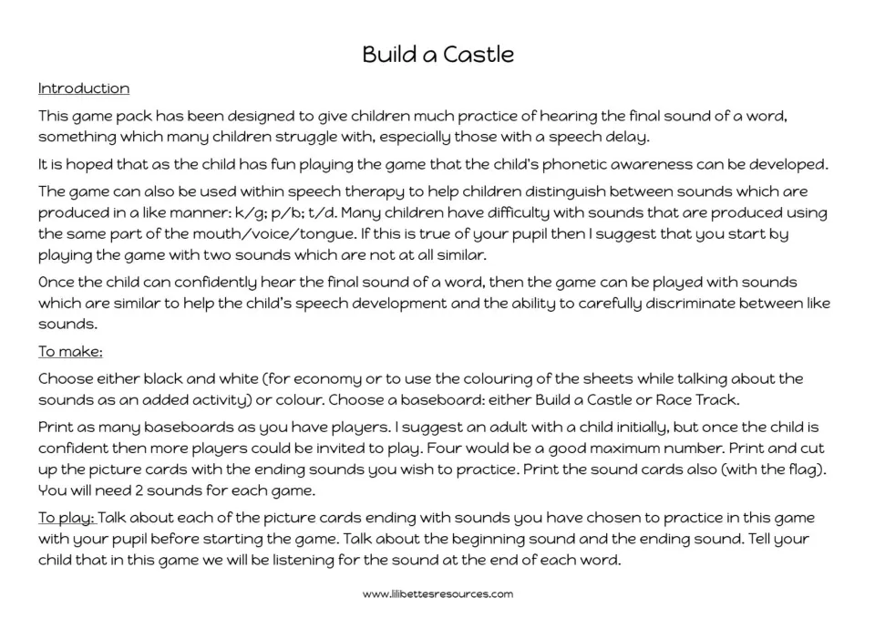 Build a Castle introduction: teacher notes on hearing final sounds, printing the boards and cards, and starting play