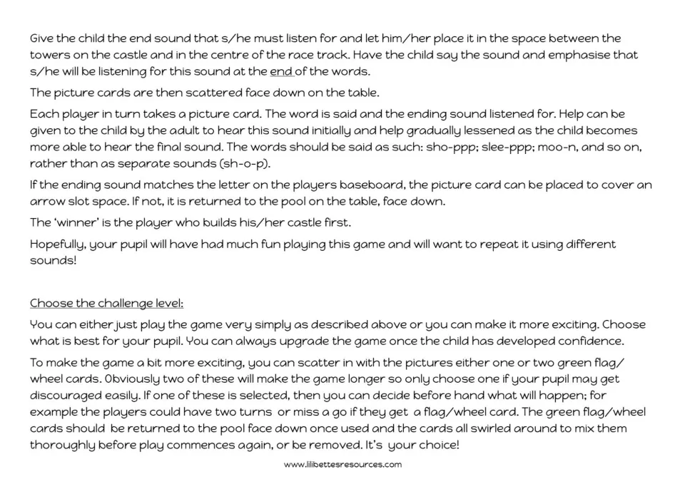 Game rules: players draw picture cards, listen for the end sound and cover a castle slot; optional flag/wheel cards