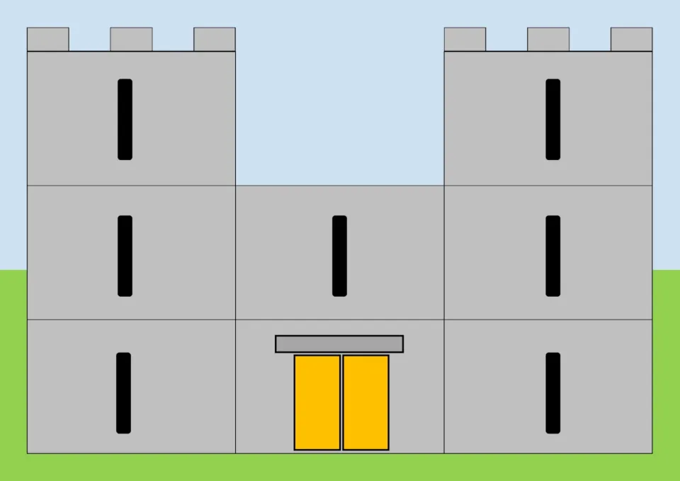 Build a Castle baseboard: a grey castle with two towers and seven arrow slits where matching picture cards are placed