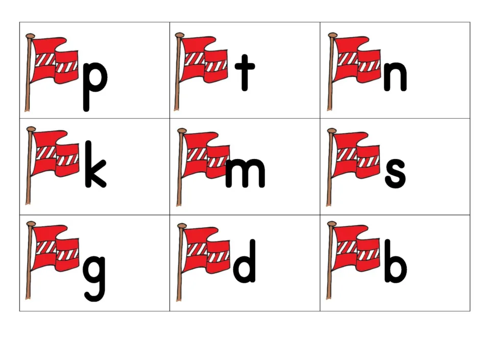 Castle sound cards: red flag cards with the final sound letters p, t, n, k, m, s, g, d and b to set the target sound
