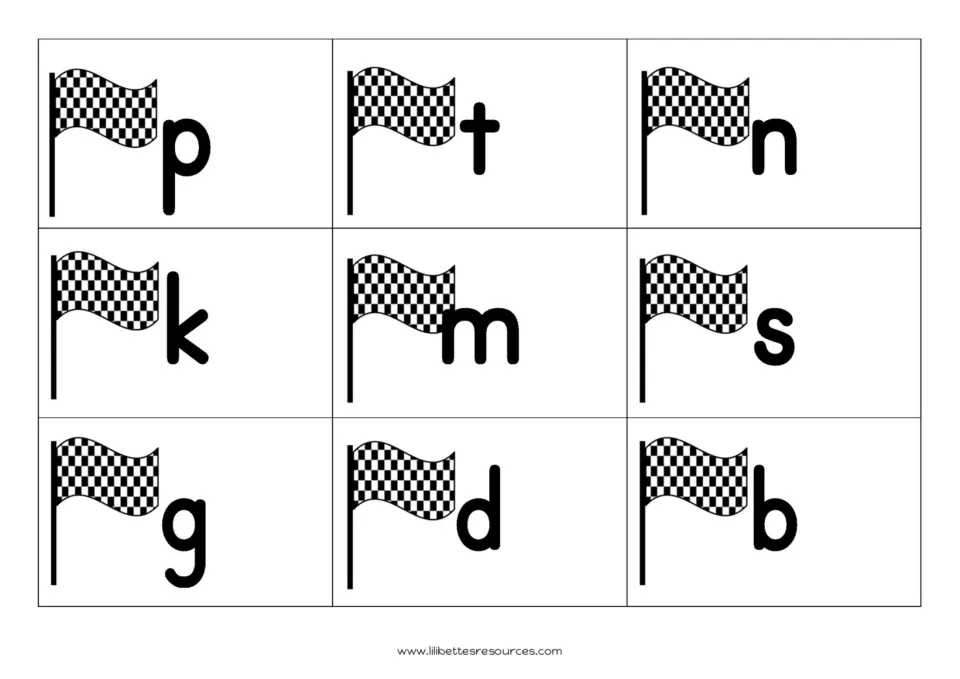Race track sound cards: checkered flag cards with the letters p, t, n, k, m, s, g, d and b for the track's centre