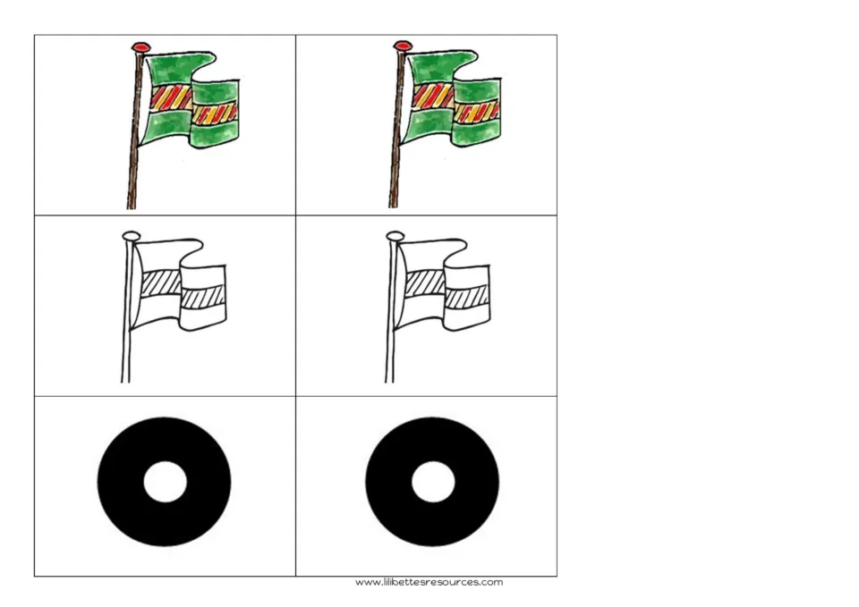 Bonus challenge cards: a pair of green flags, their black and white outlines and two wheels to mix into the picture pile