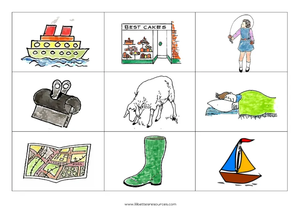 Picture cards for final p and t sounds: ship, shop, skip, clip, sheep, sleep, map, boot and boat for matching by ending