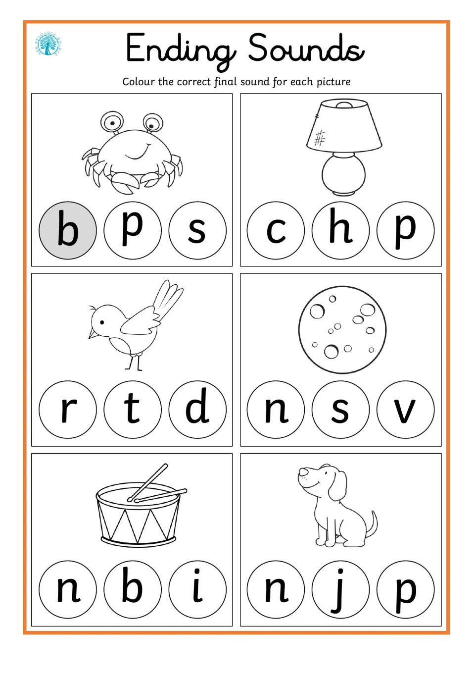 Final-sound practice for six pictures: crab, lamp, bird, moon, drum, and dog, each with three letter choices